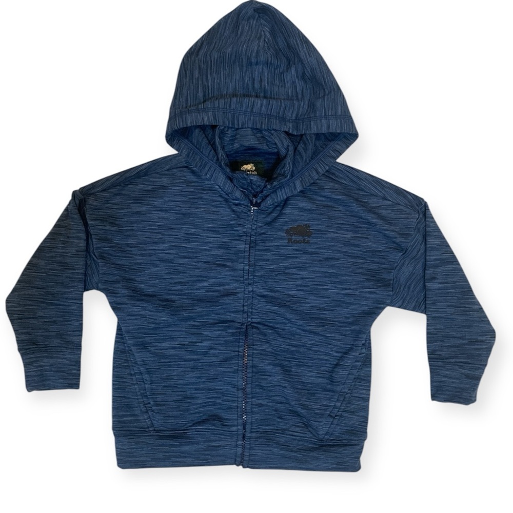 Roots, blue zipper hoodie. Kids size 5T, polyester/spandex blend